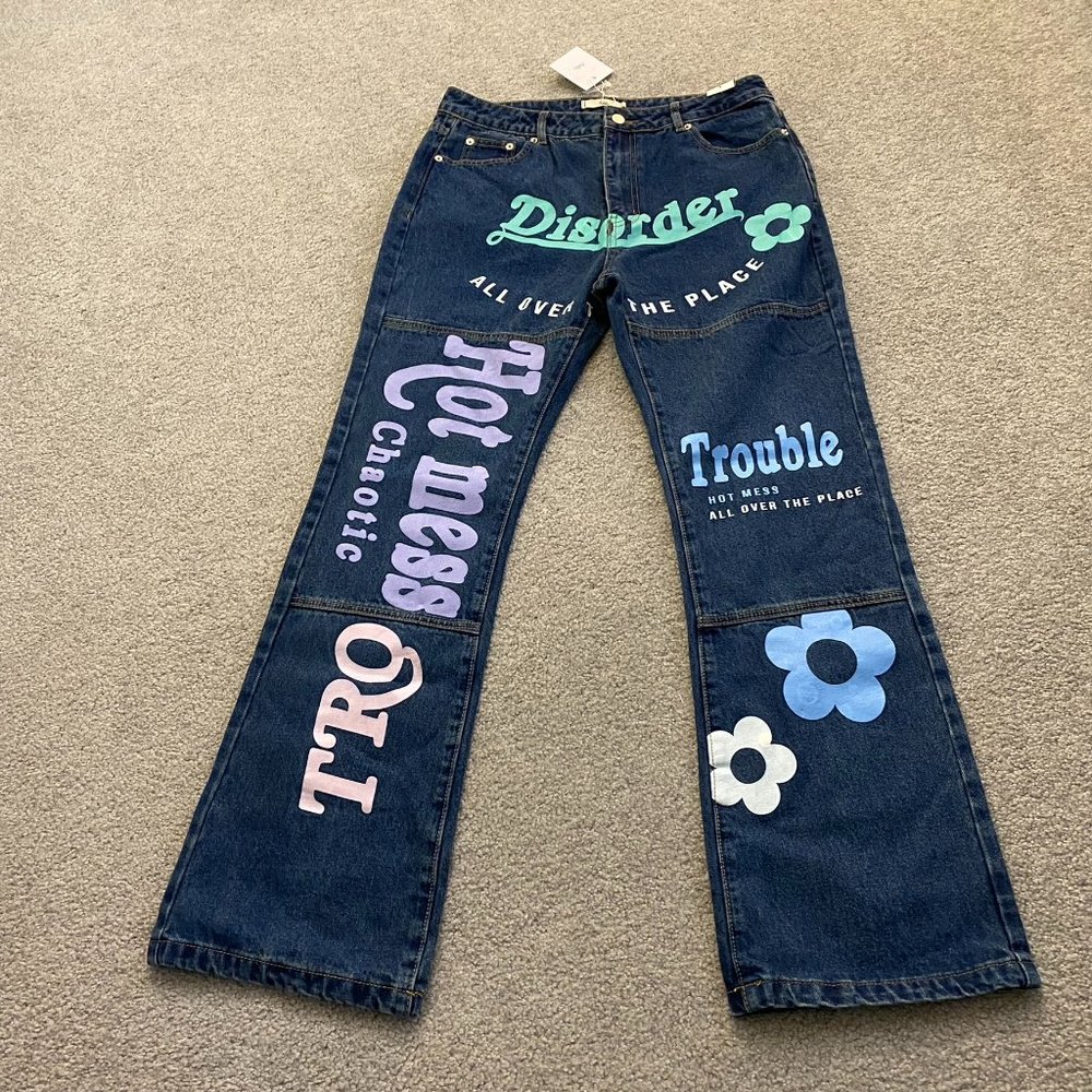 Adika Jeans Graphic Double Knee Flare Jeans Wide Leg NWT XLarge   - 1F1075